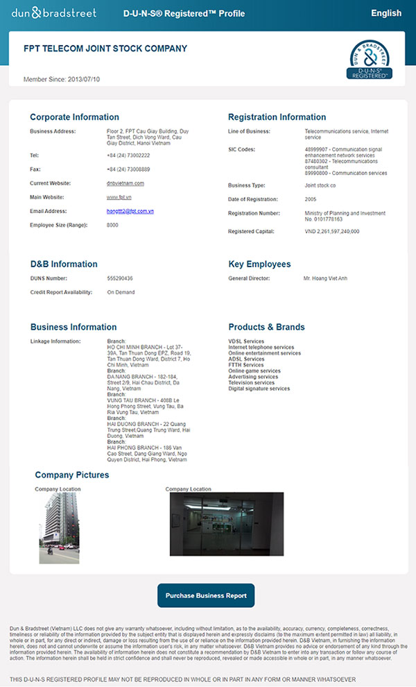 D&B D-U-N-S® Registered™ Profile của Công ty Cổ phần Viễn thông FPT